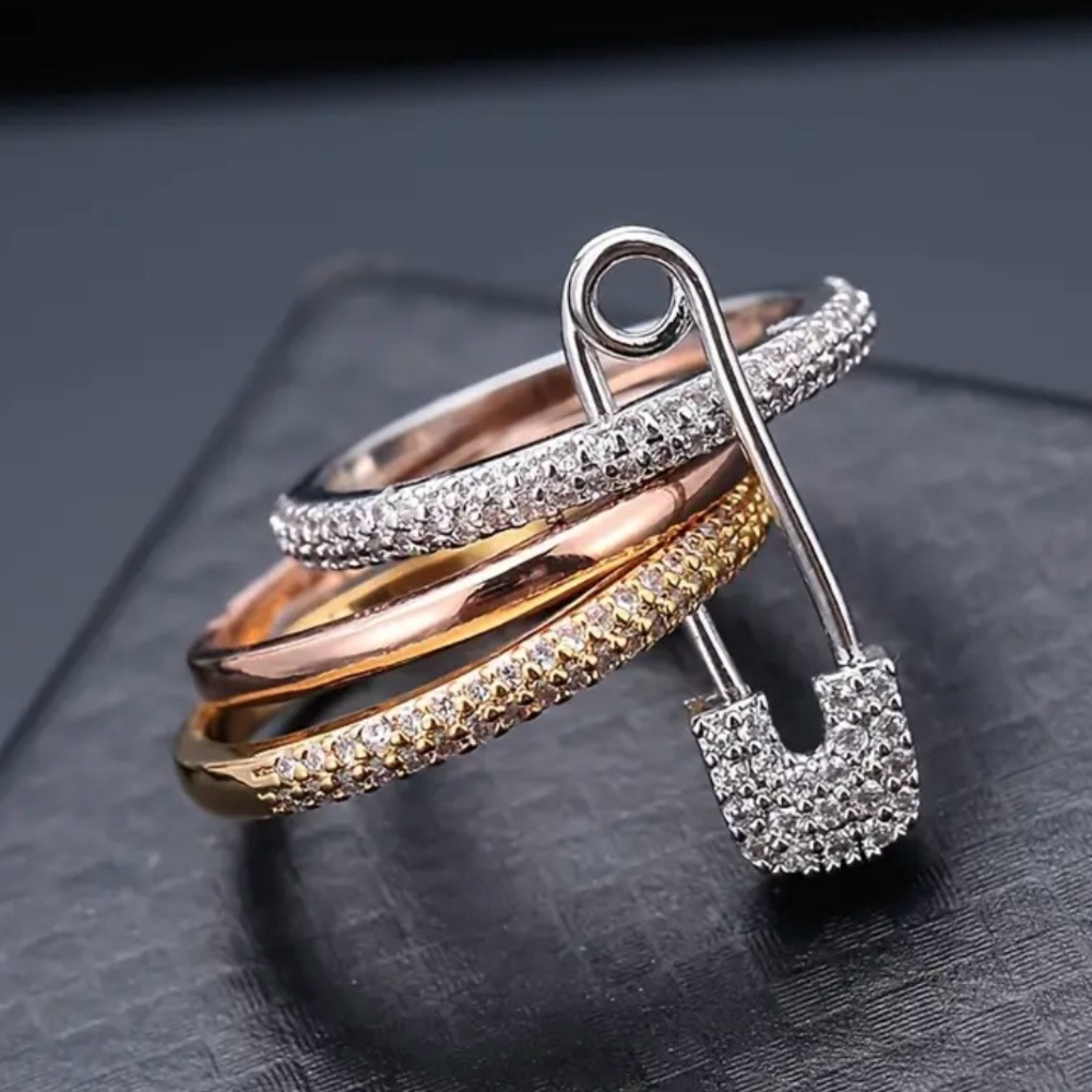 Multi-Layer Safety Pin Ring with Shining Zirconia Stones - Picture 5 of 6